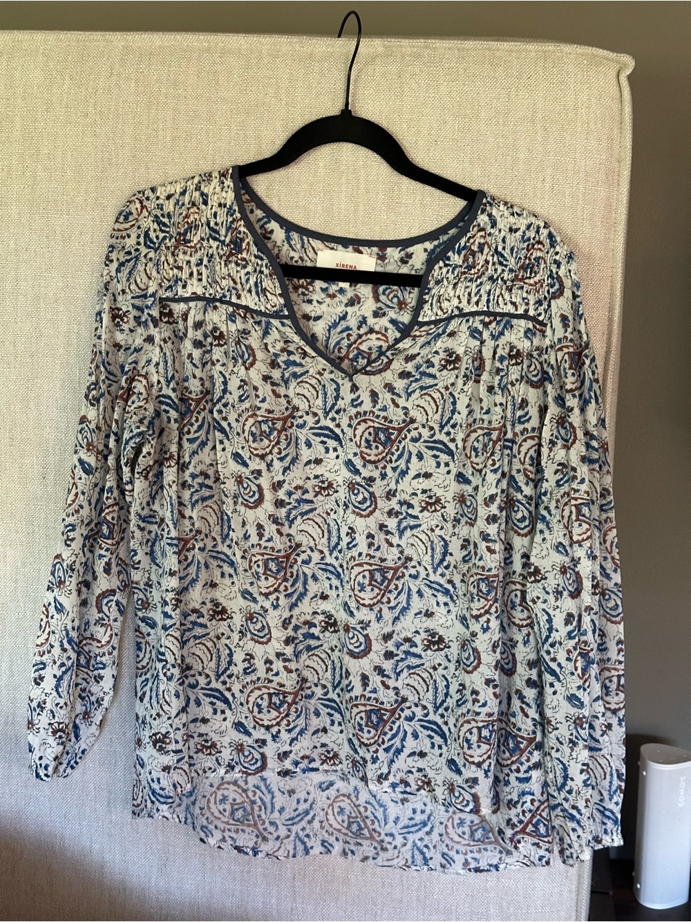 Xirena // Blue Paisley V‑Neck Long Sleeve Blouse
